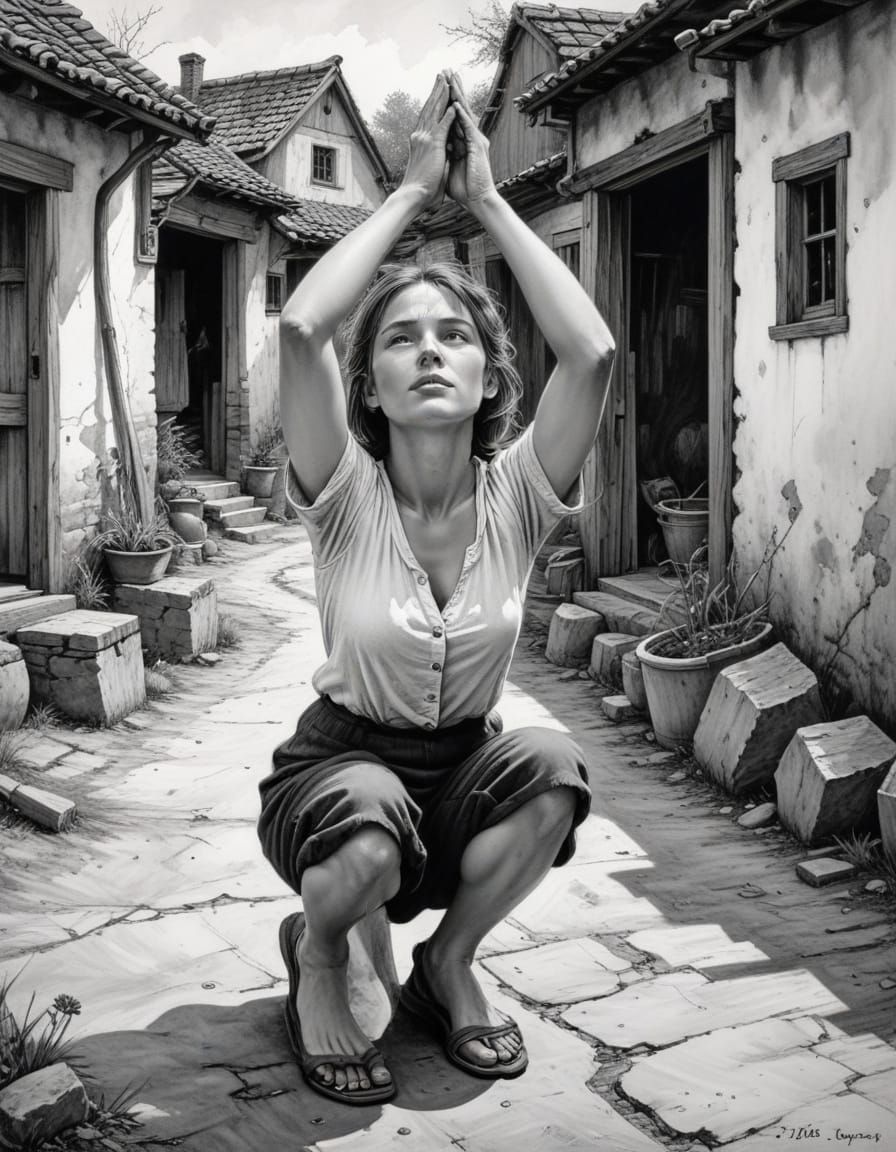 Woman in Antique Village, Hands Raised in Prayer