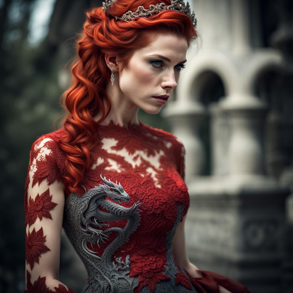 Red-Haired Beauty in Lace Dragon Dress Portrait