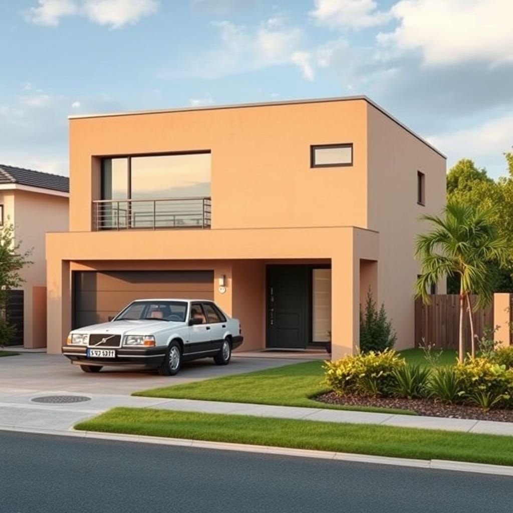 Geometric Cubist House with Flat Roof and Volvo 740