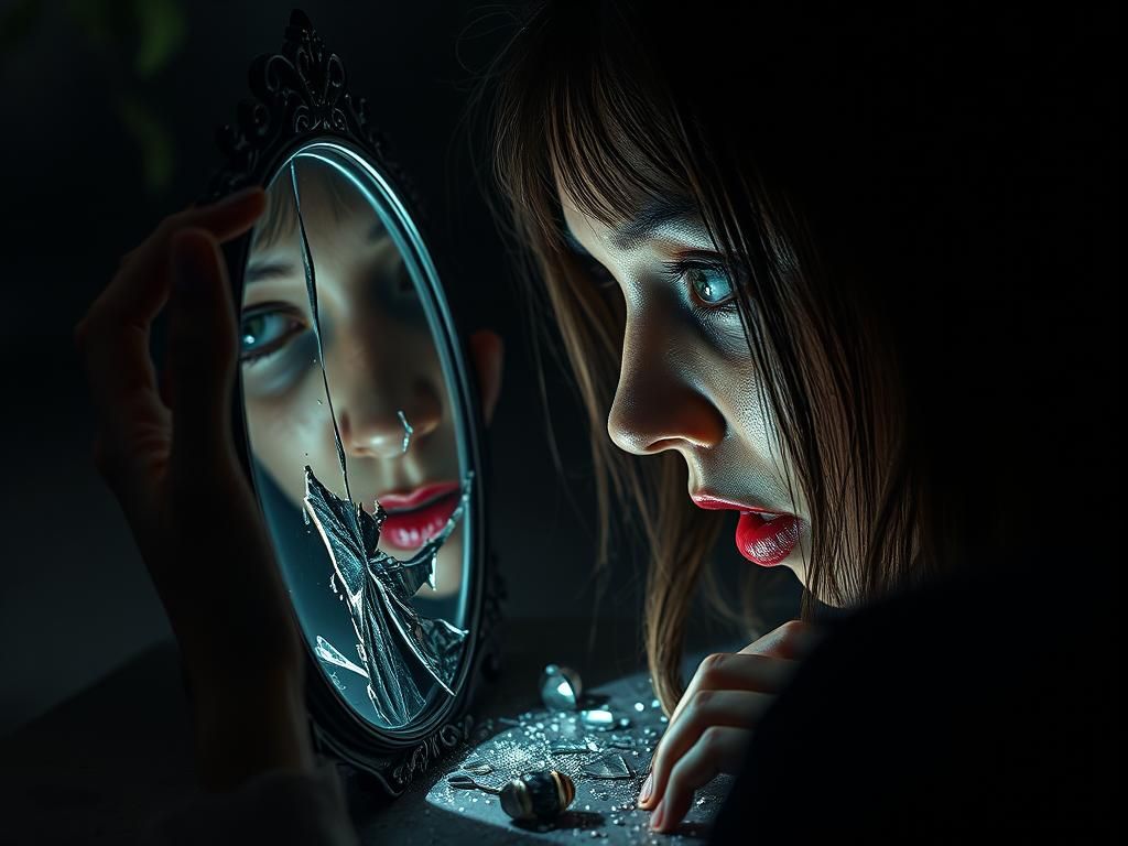 Scared Woman and Broken Mirror: Dramatic Visionary Art