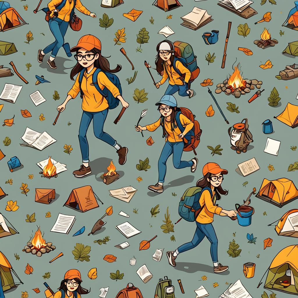 Girl Hiking with Camping Gear in Cartoon Style