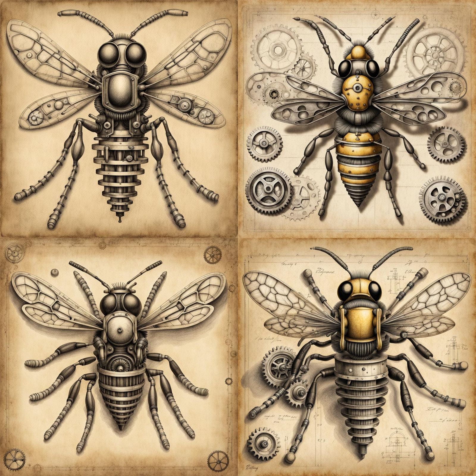 Mechanical Wasp on Parchment: Detailed Pencil Drawing