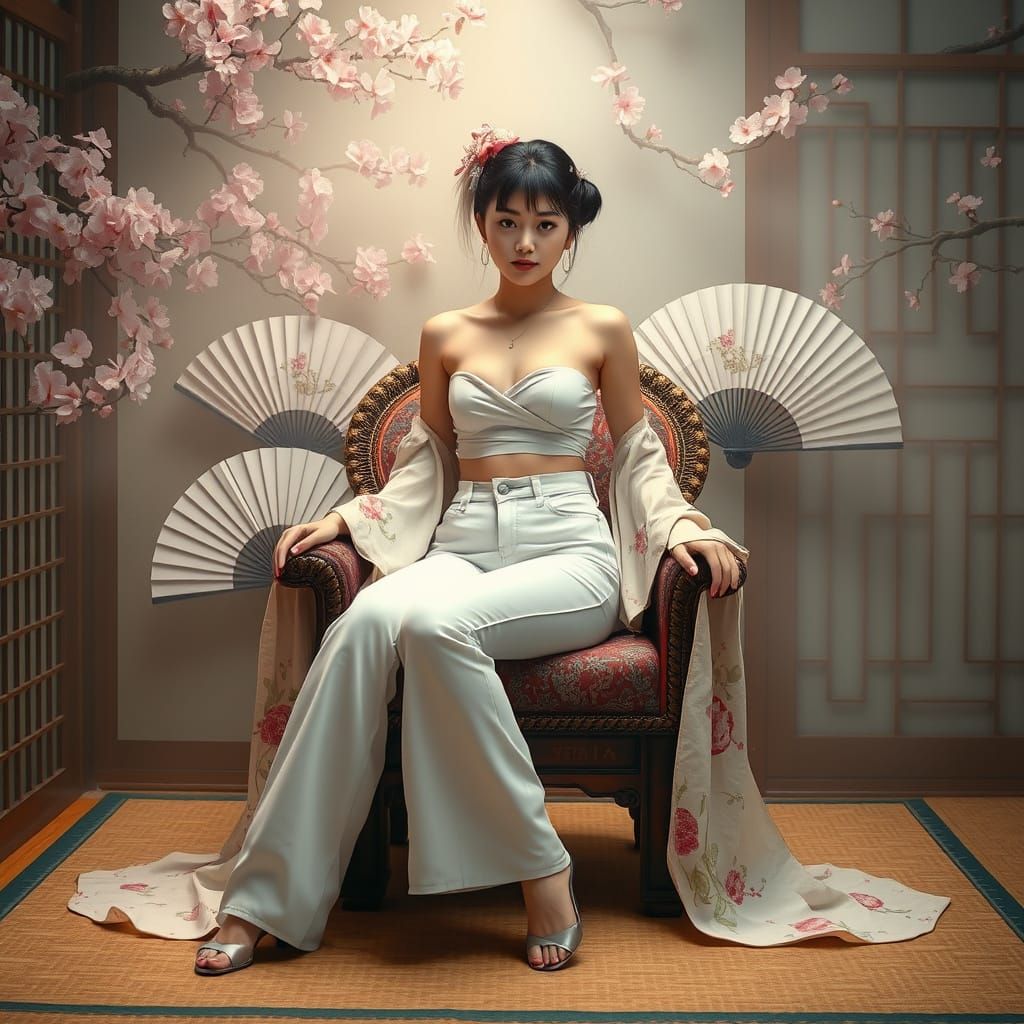 Geisha in Modern Attire with Cherry Blossoms