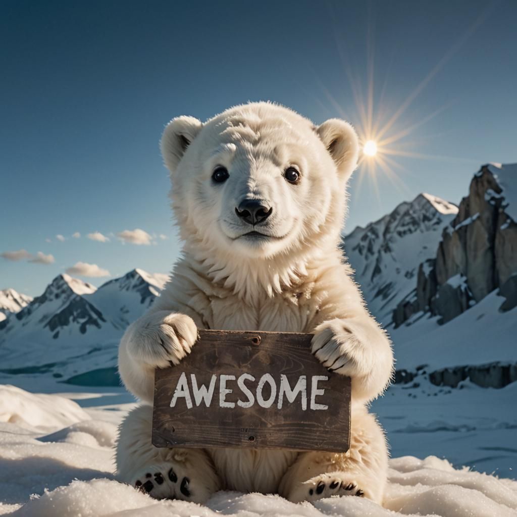 Fluffy Polar Bear Cub with Awesome Sign
