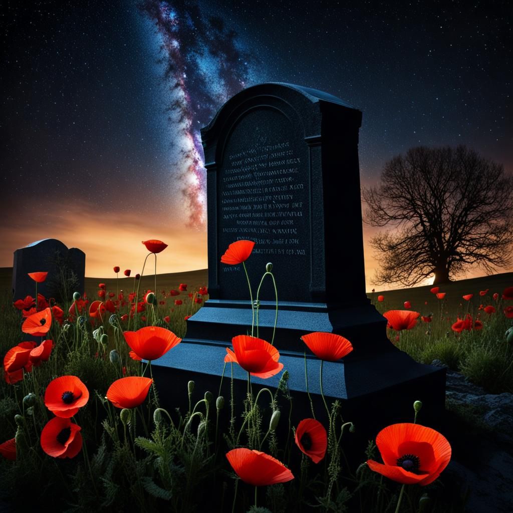 Poppies on a gravestone at midnight under a night sky full o...
