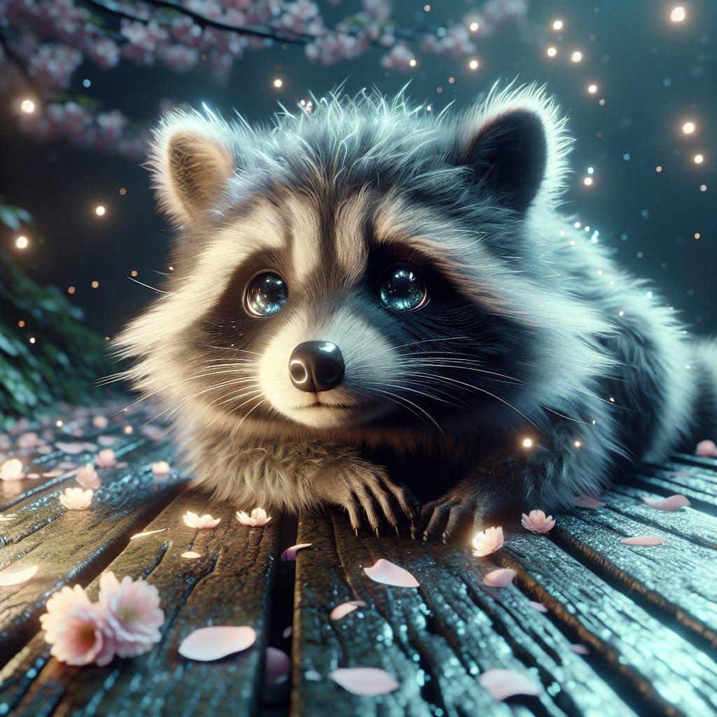 Adorable Raccoon with Blue Eyes in Magical Night Scene