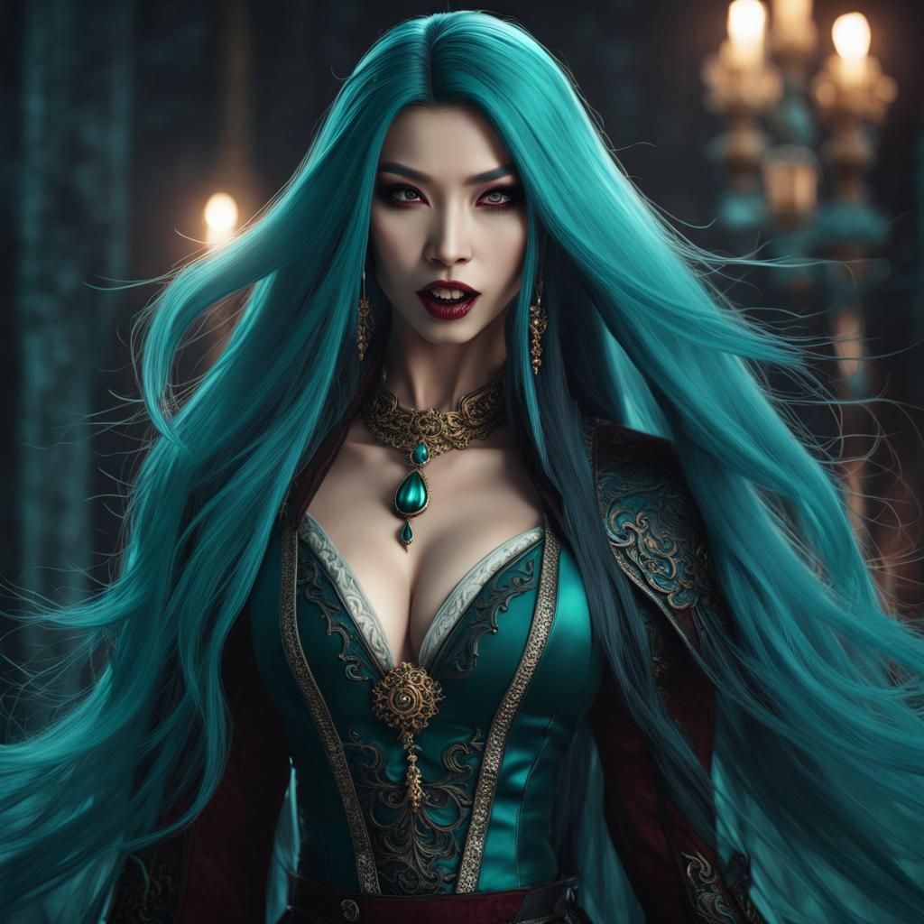 Teal-Haired Asian Vampire in Sharp Focus