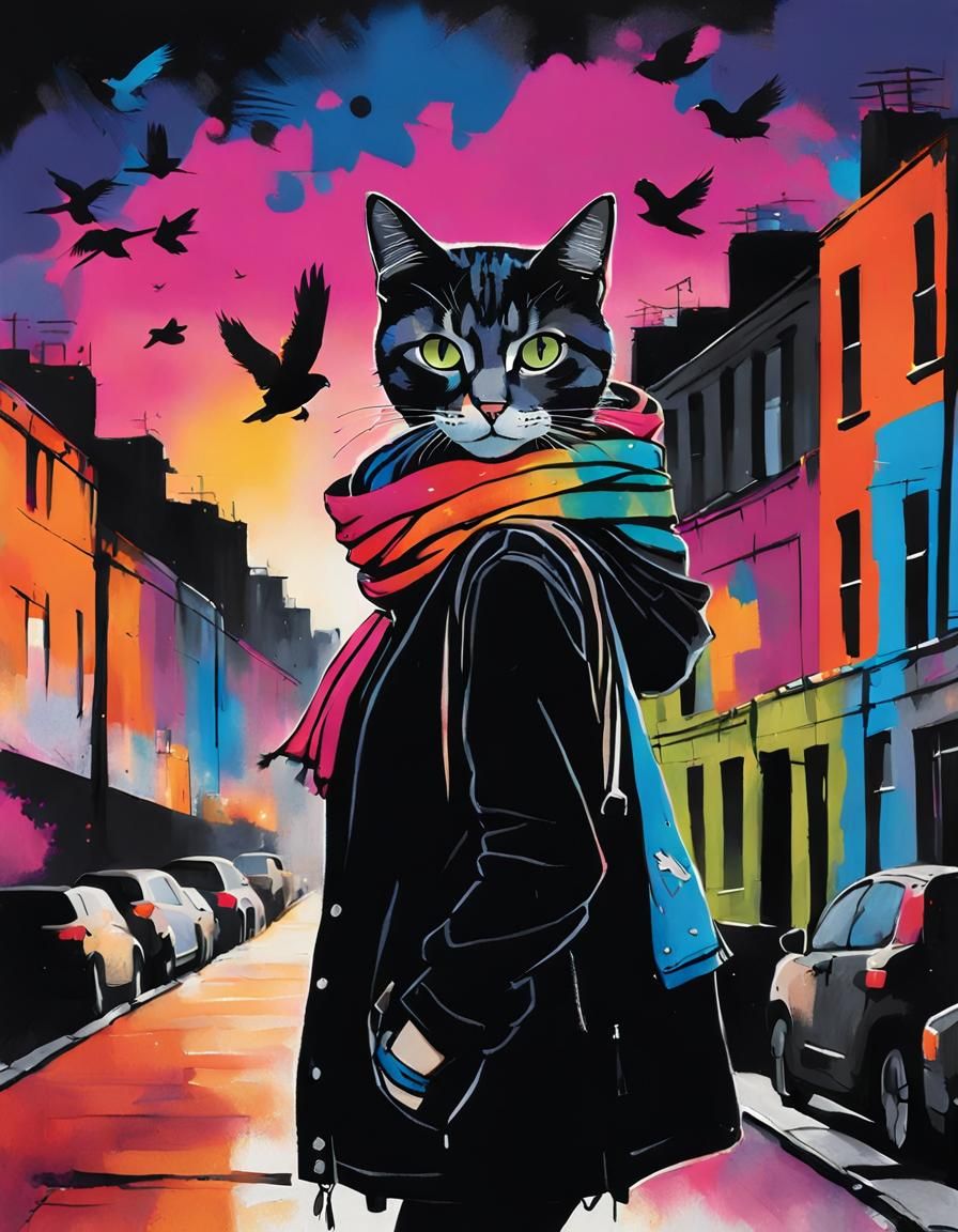 Girl with Cat in Urban Street Art Style