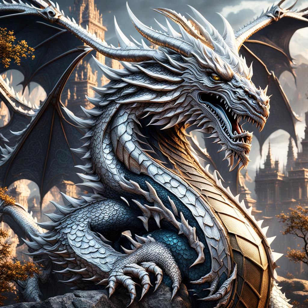 Fantastical Silver Dragon Matte Painting