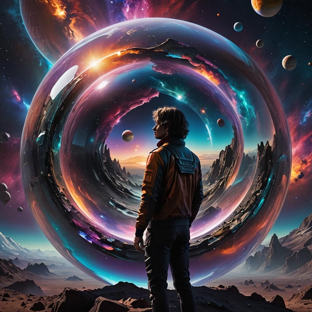 Cosmic Album Cover: Person and Planet in Sphere