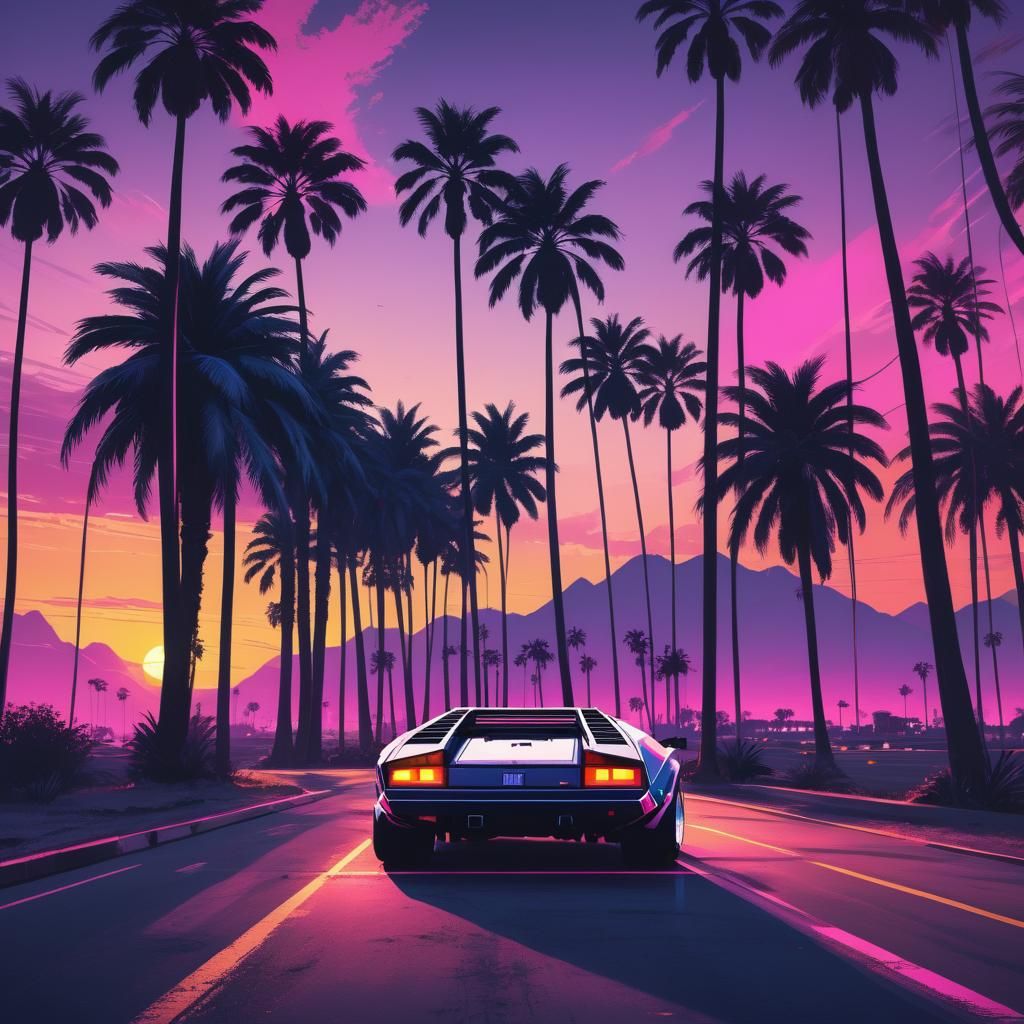 Synthwave Sunset with Countach Car and Palm Trees