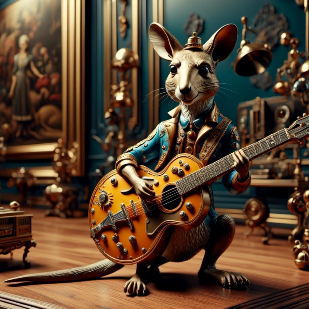Kangaroo Plays Guitar in Hyperrealistic Steampunk Style