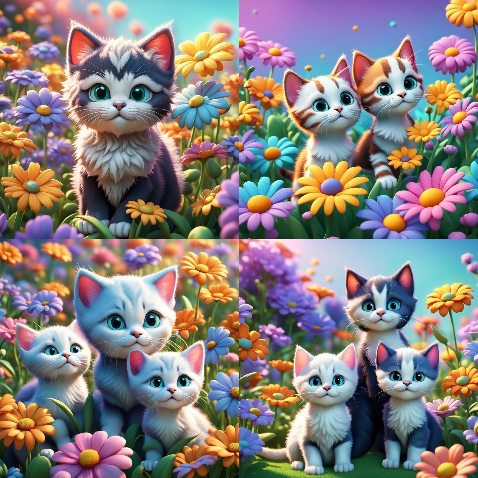 Kittens in Flowers: Pixar Style 3D Render