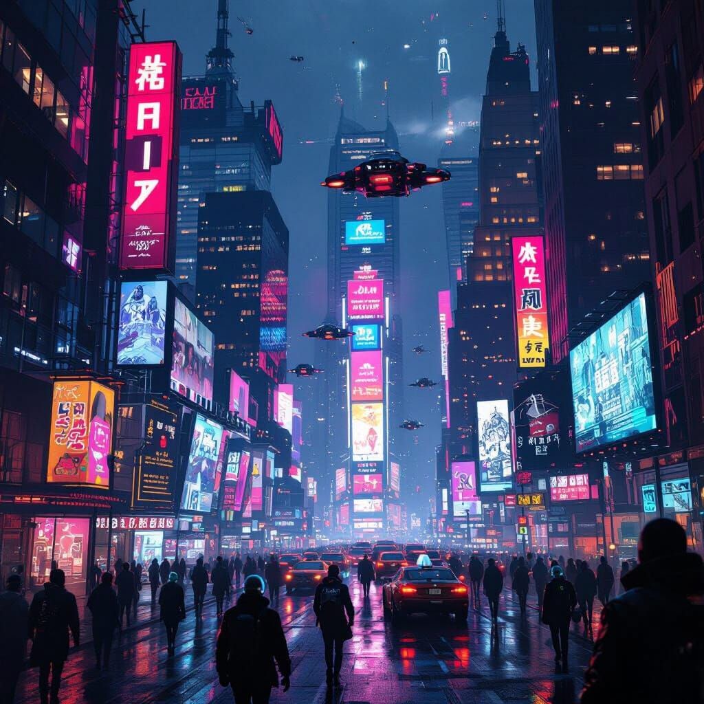 Cyberpunk NYC Cityscape with Flying Vehicles