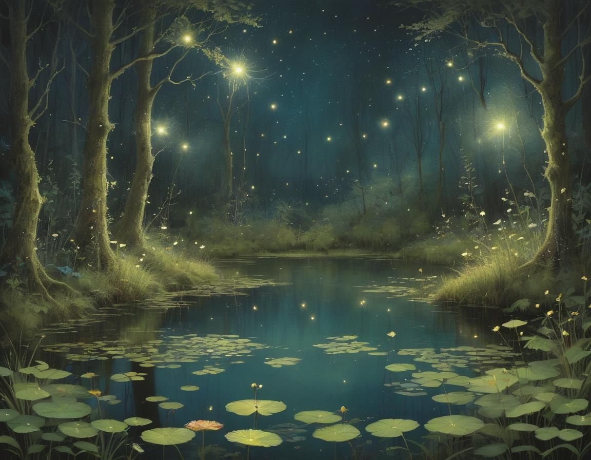 Enchanted Forest with Dancing Fireflies in Noctilucent Light