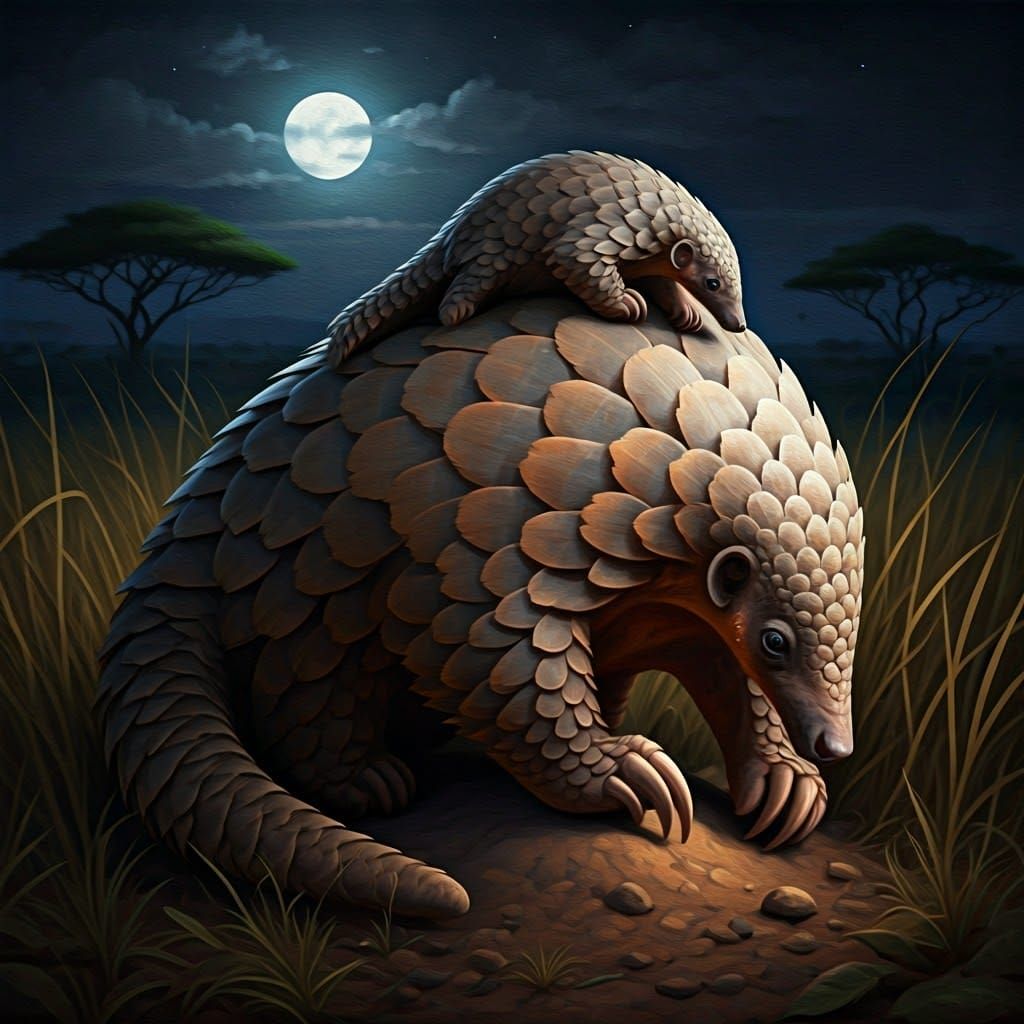 Pangolin Mother and Cub in Grassy Savannah
