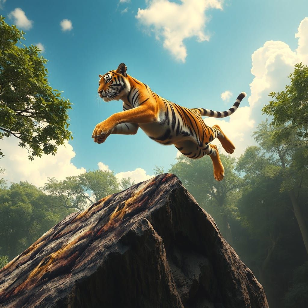 Hyperrealistic Tiger Leaps Over Jungle Rock