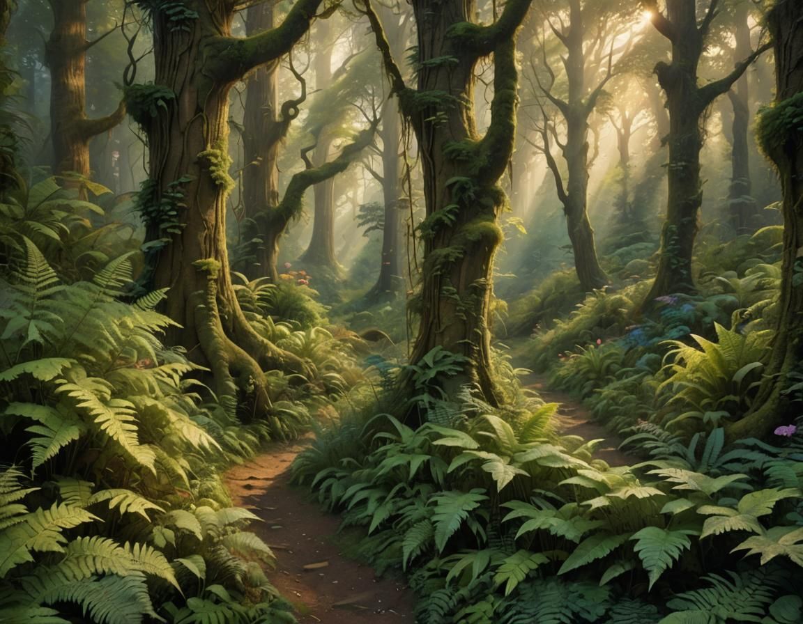 Enchanted Forest Path with Golden Light