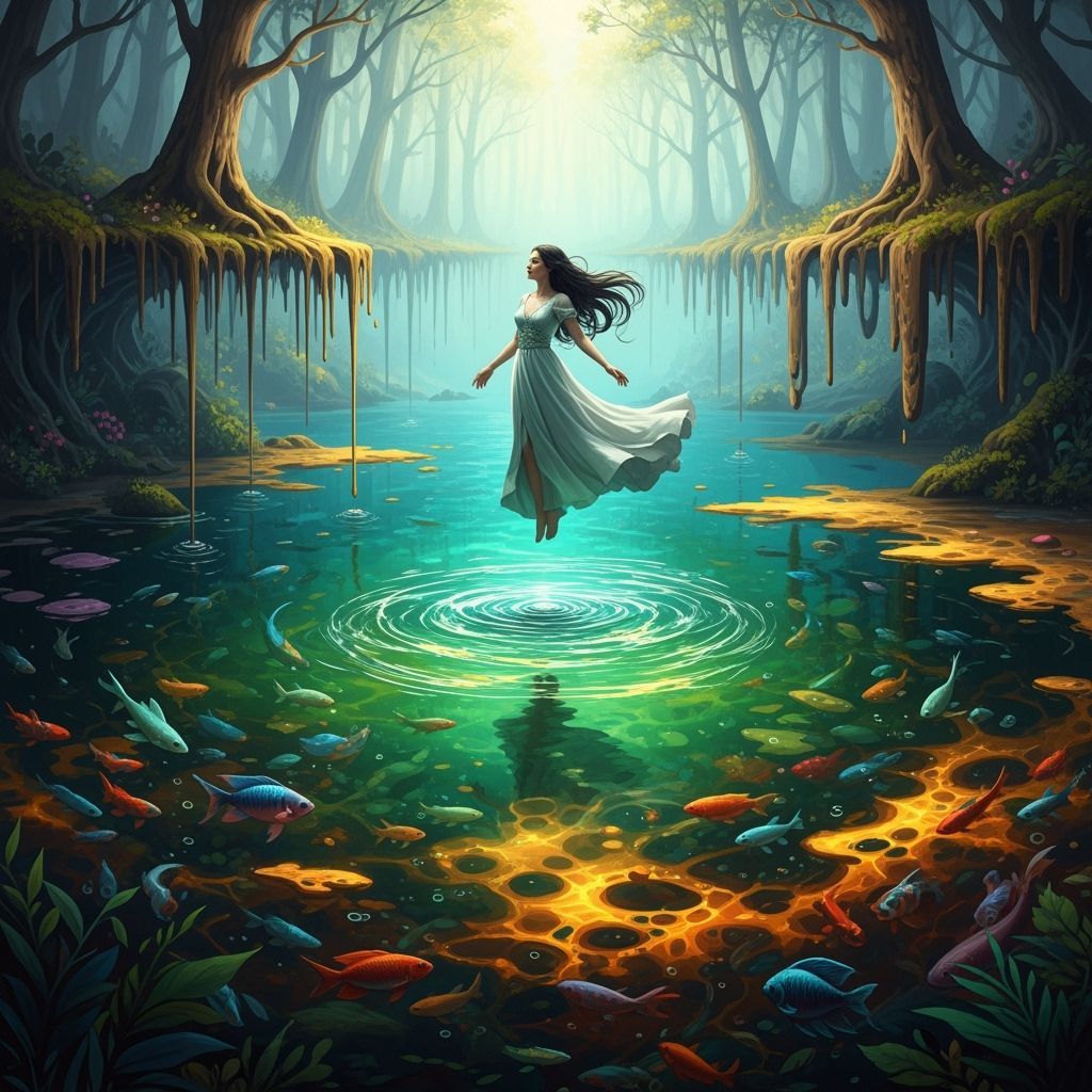 Ethereal Woman Above Emerald Pool: Surreal Landscape