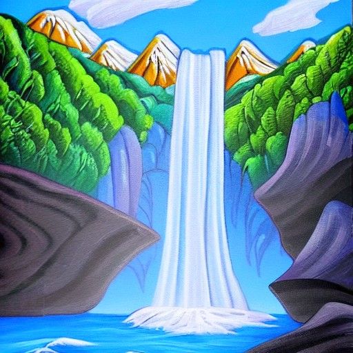 Majestic Waterfall and Mountain Acrylic Painting