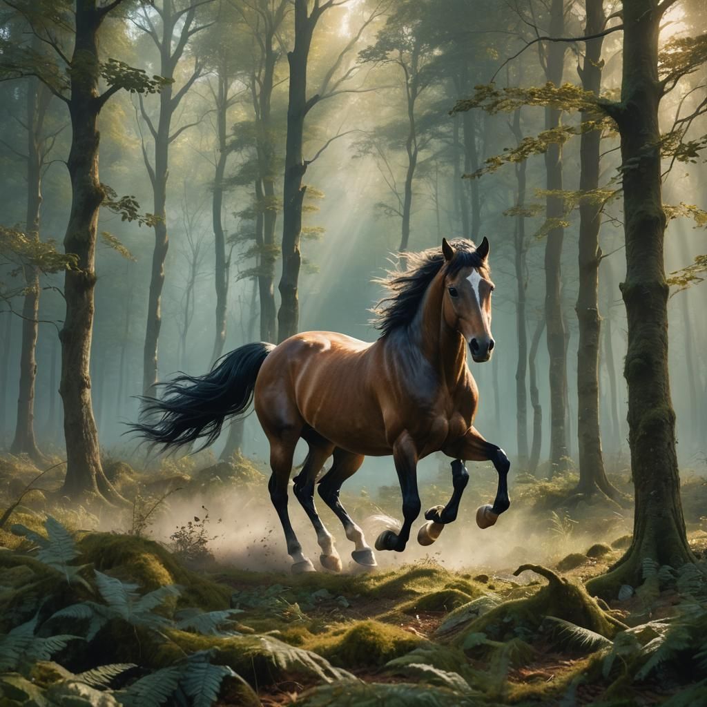 Horse in Misty Forest Glade: Fantasy Concept Art