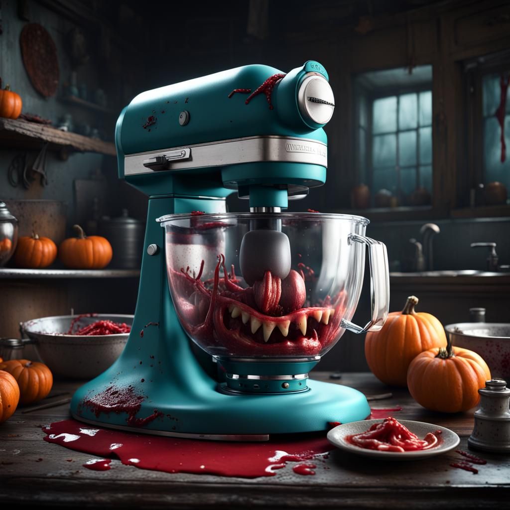 A vibrant, spooky horror food processor