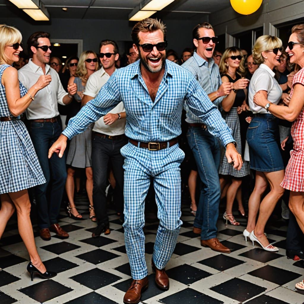 Dancing Man in Gingham Outfit on Dance Floor