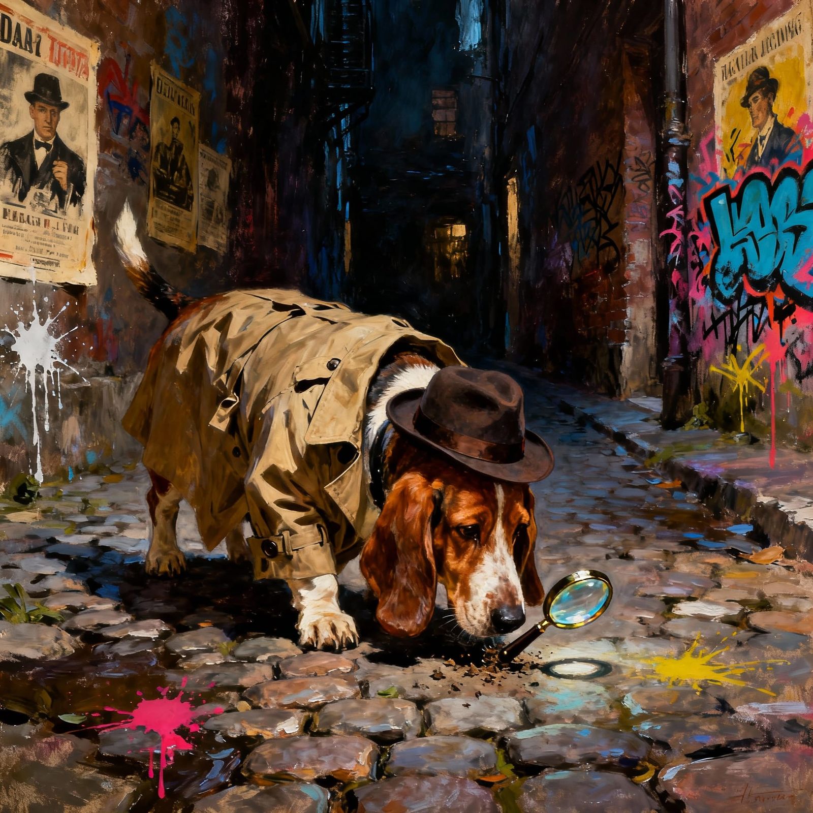 Basset Hound Detective in Dim Alleyway Painting
