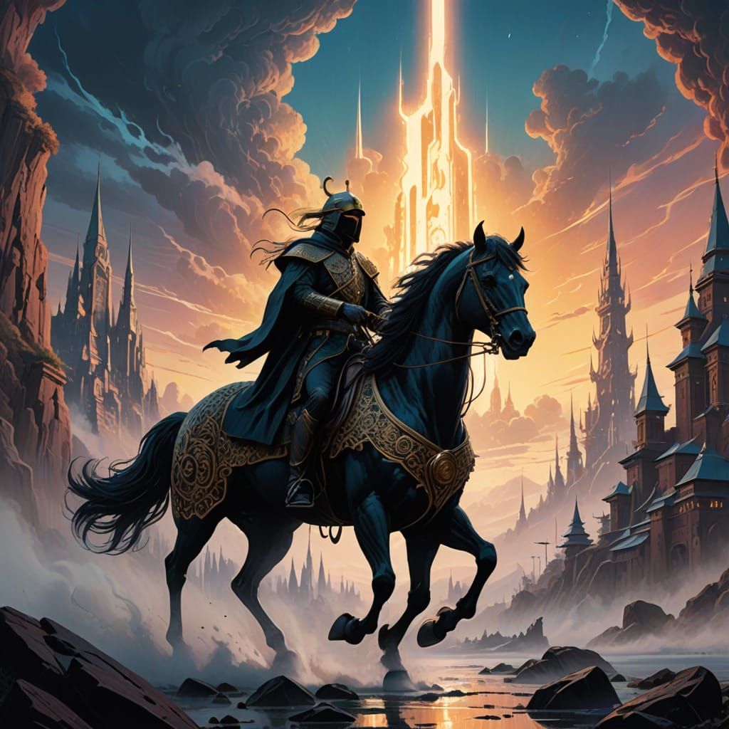 Majestic Figure Shreds on Heavenly Horses in Vibrant, Dreaml...