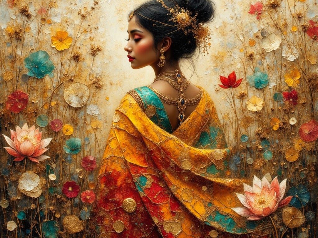Indian Princess Silhouette with Lotus Flowers