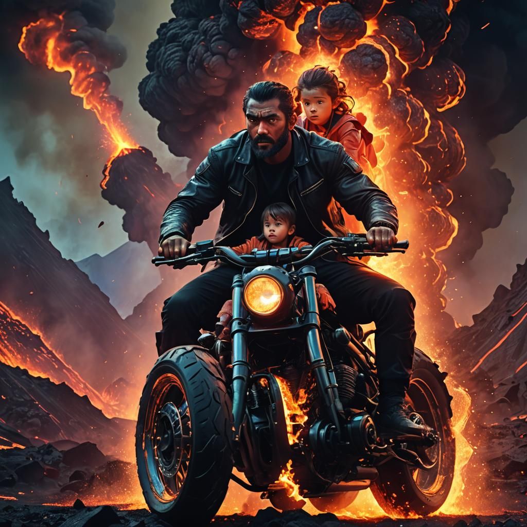 Man and Child Escape Volcano in Anime Art