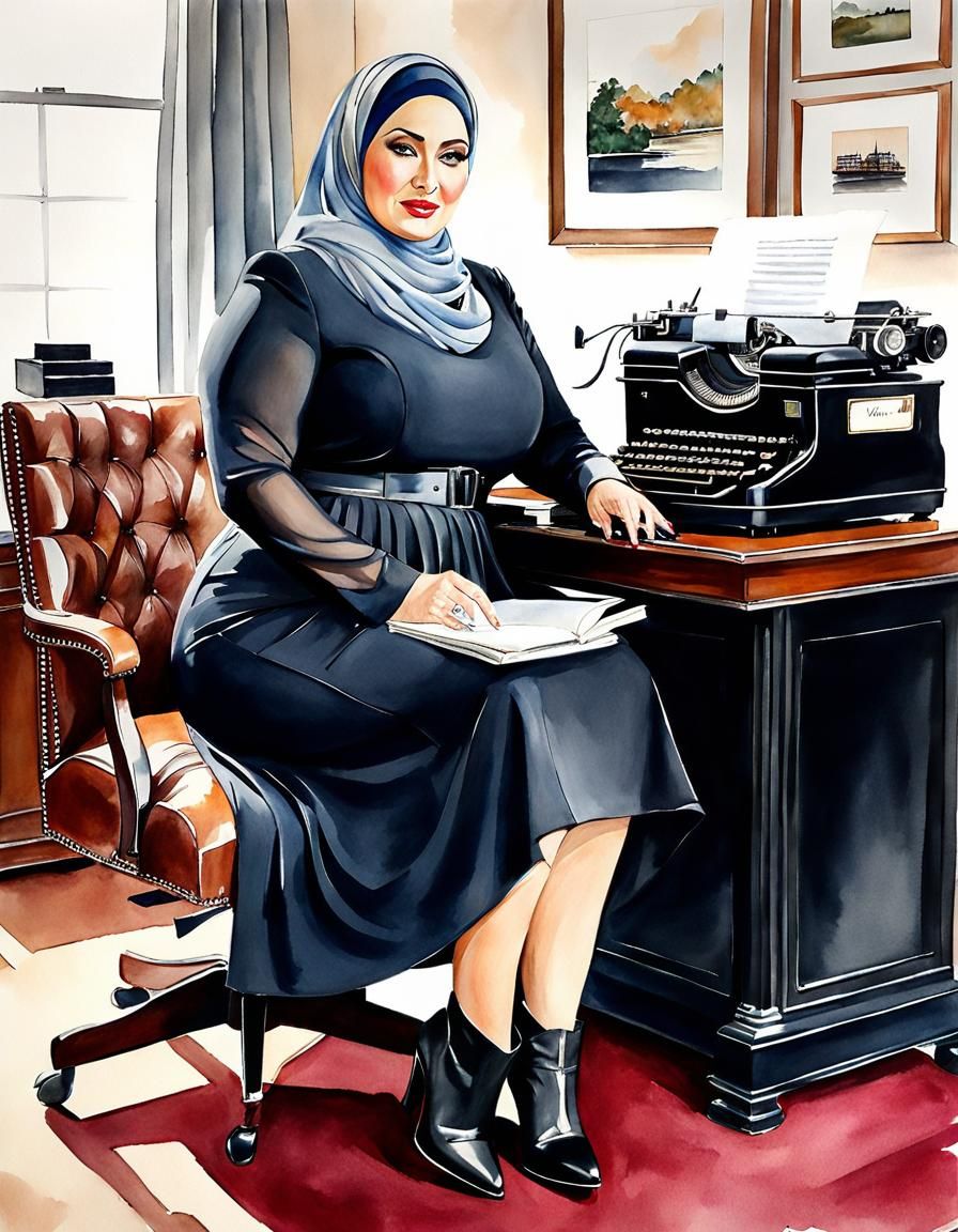 Watercolor Portrait of Woman in 1930s Office