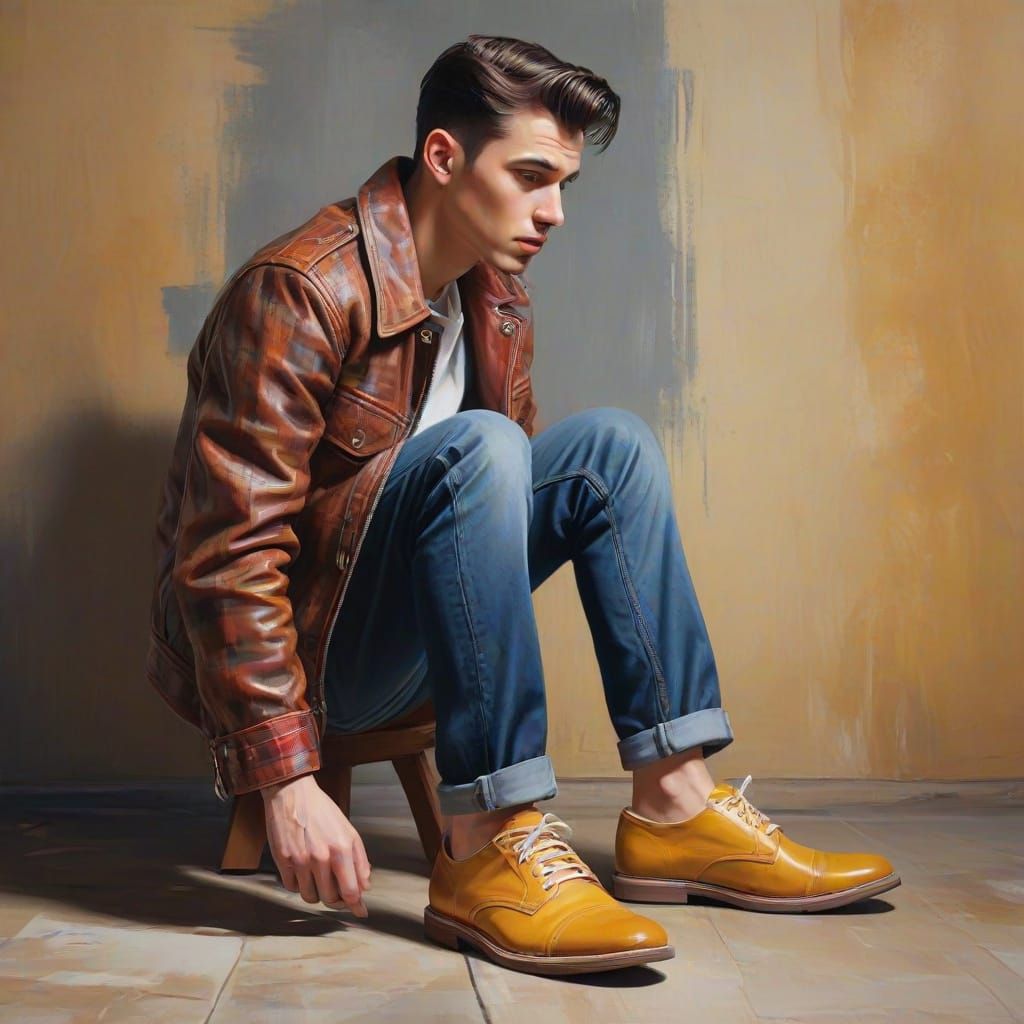 Greaser and Man in Plaid Sport Coat: Gouache Style