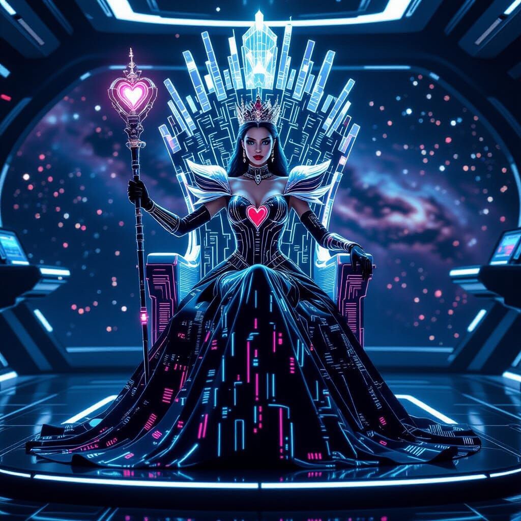 Futuristic Queen of Hearts Empress on Data Throne