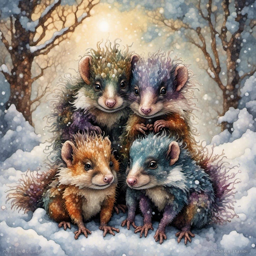 Baby Skunks Frolic in Winter Tapestry