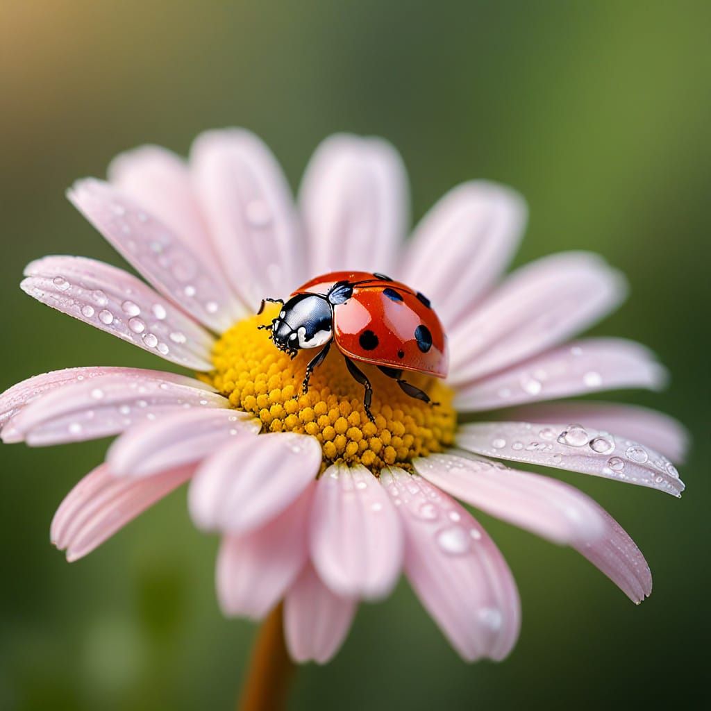 Macro Ladybug on Daisy with Dewdrops