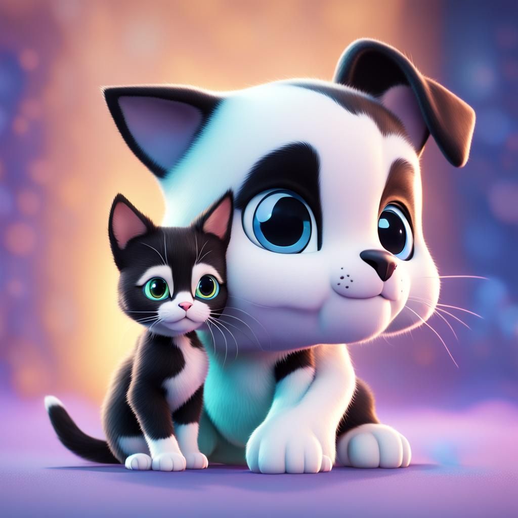 Calico Kitten and Puppy: 3D Animated Art
