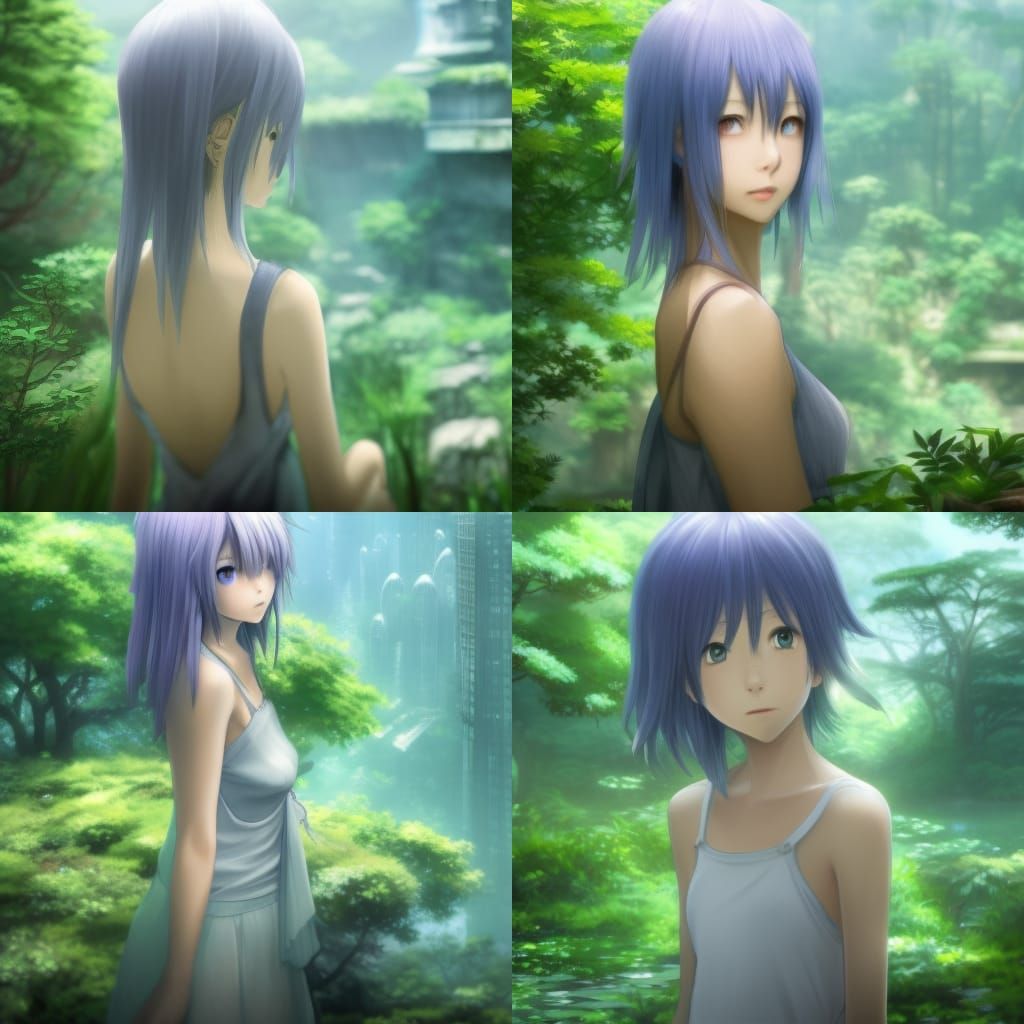 Anime-Style Woman in Lush Futuristic Cityscape