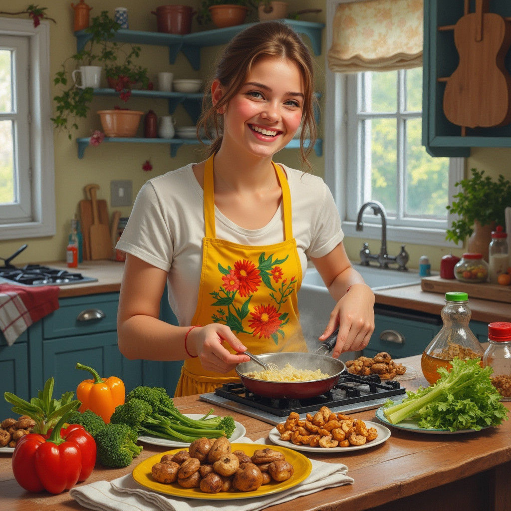 Warm Kitchen Scene with Vegetarian Cooking, Impressionist St...