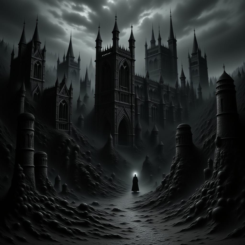 Ethereal Medieval Ruin in Dark, Muted Tones