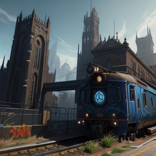 Graffiti Art on Trains in Detailed Matte Painting Style