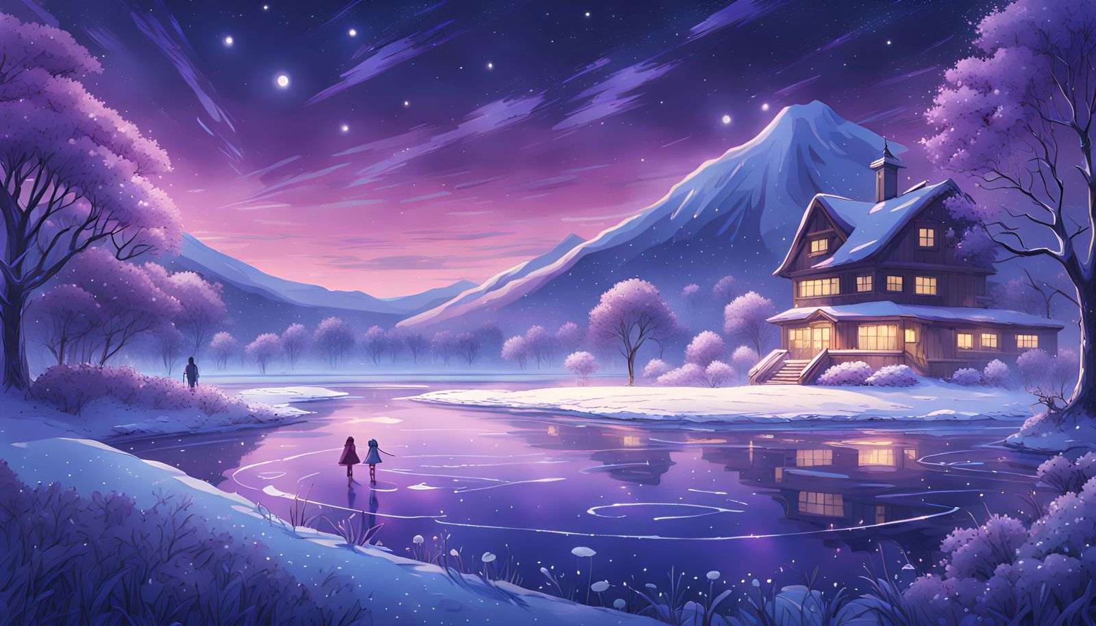 Frozen Ice Skating Pond Under Starry Night Sky