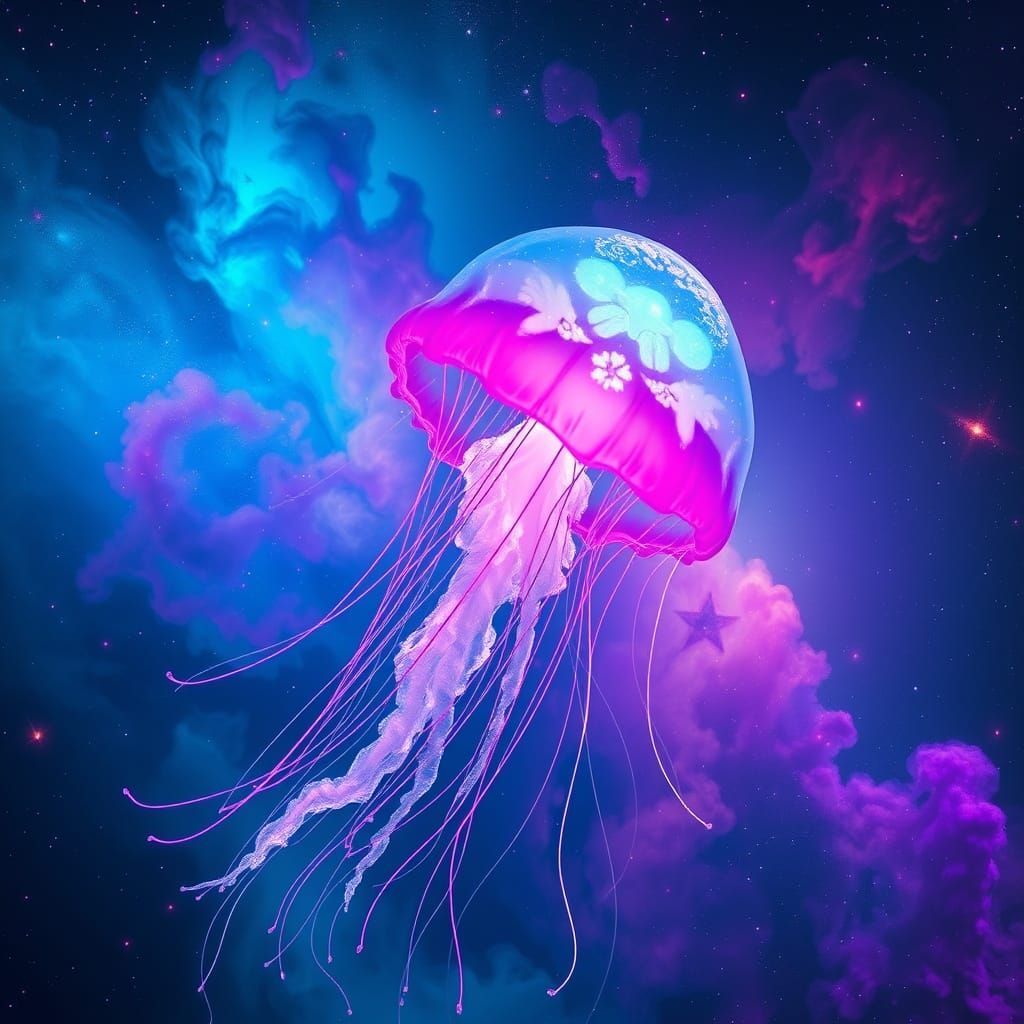 Cosmic Jellyfish Shimmers Through Nebula in Surreal Style