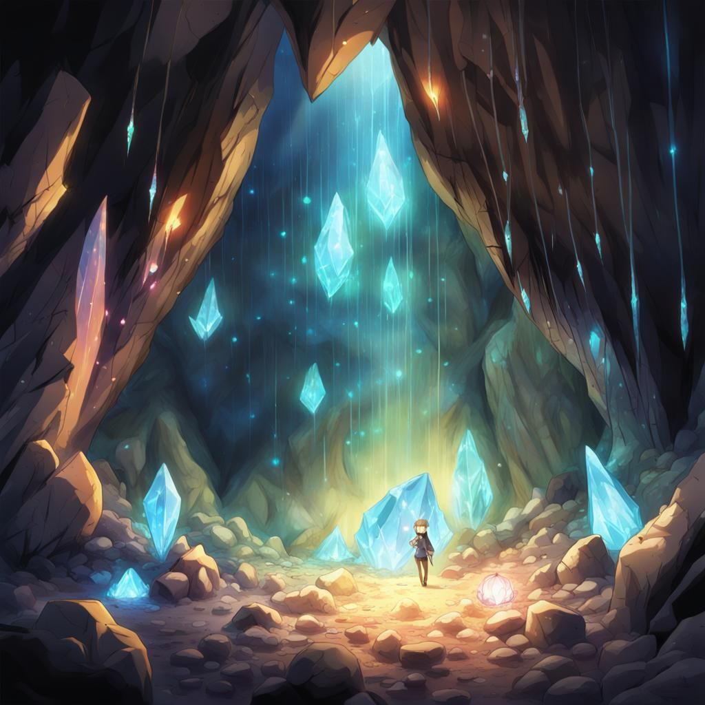 Glowing Crystals Light Anime-Style Cave