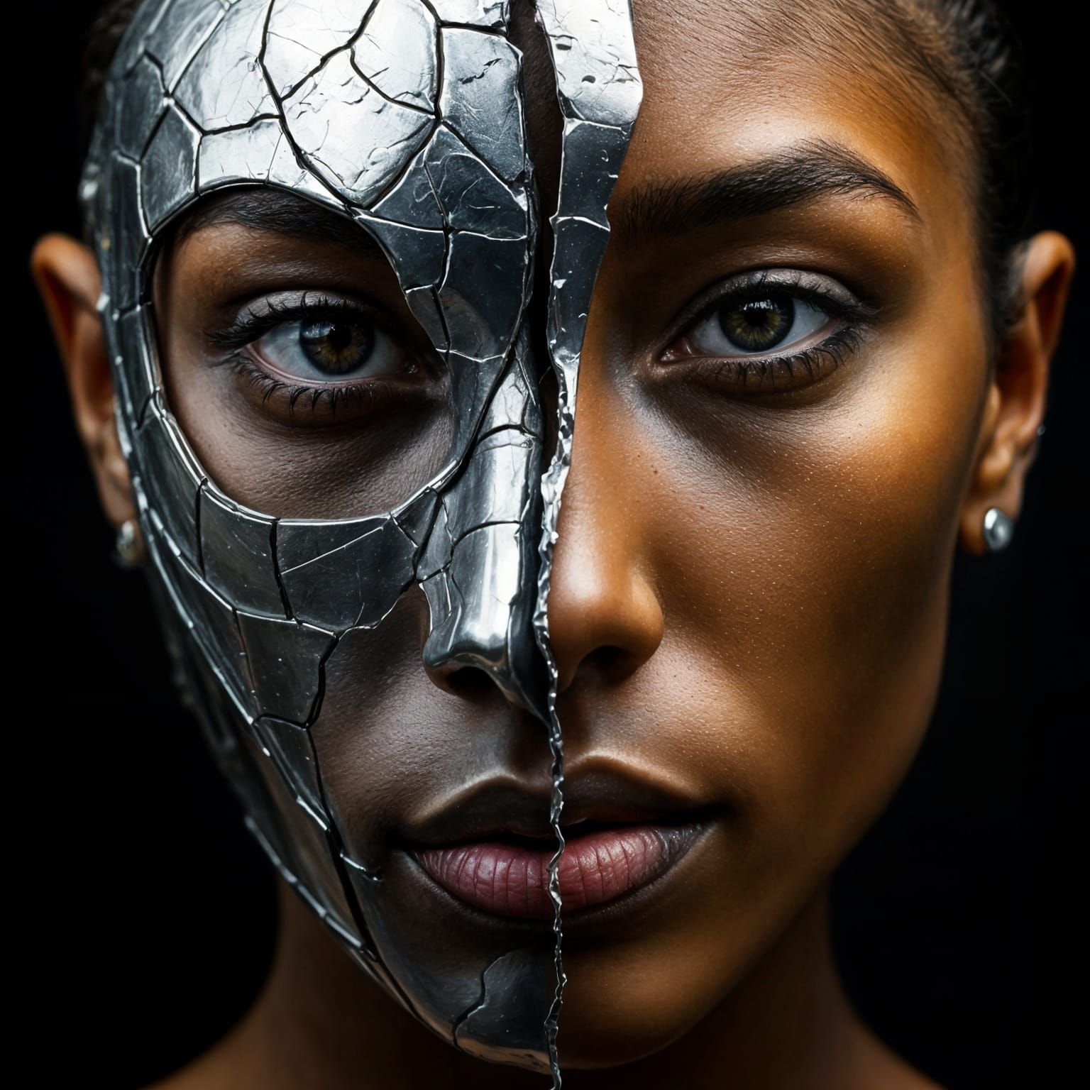 Enigmatic Woman with Fractured Metallic and Golden Selves