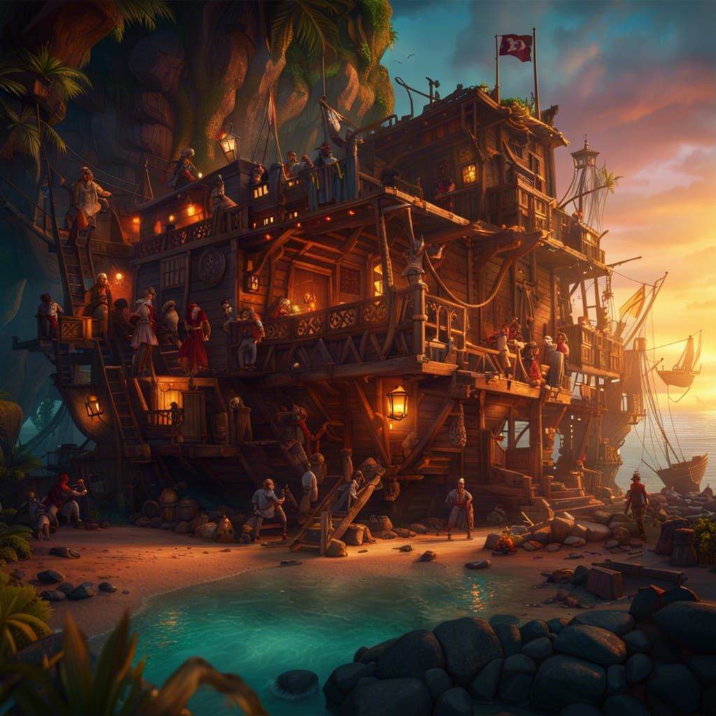Vibrant Pirate Hideout at Golden Hour
