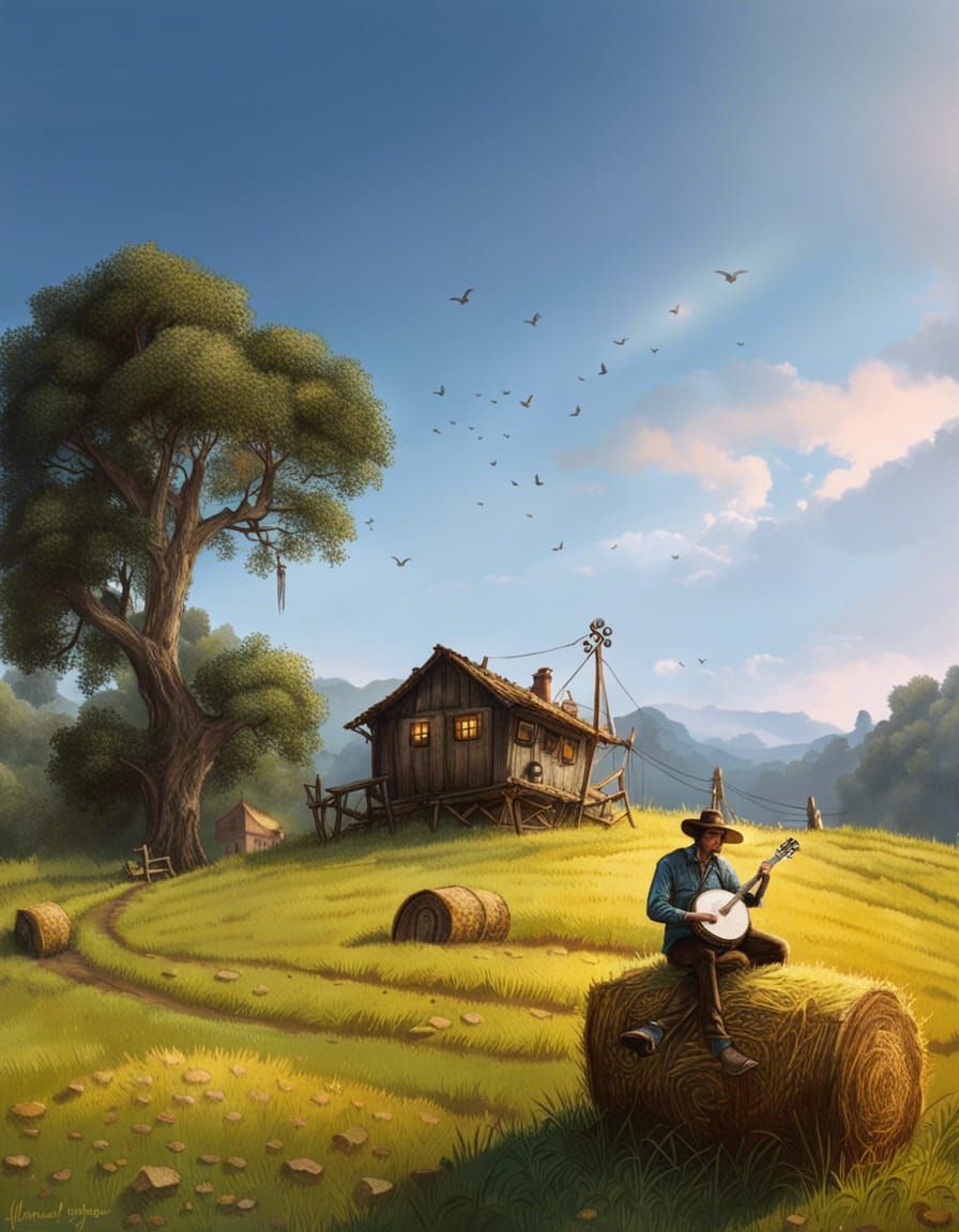 Banjo Player at Rustic Cottage, Digital Art