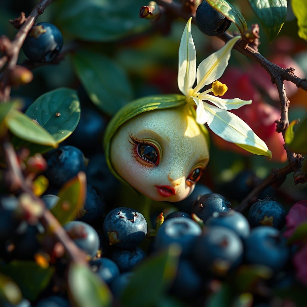 Enchanted Leaf Sprite with Blueberry Fruits in Hyperrealisti...