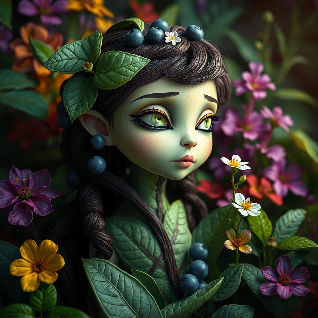 Hyperrealistic Leaf Leshy Goddess in Vibrant Floral Realm