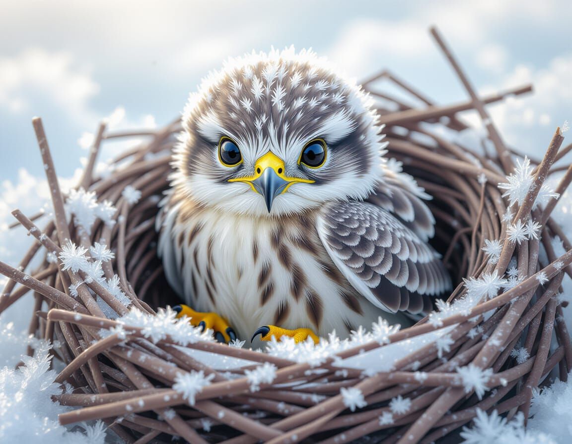 Hyperrealistic Baby Hawk in Icy Nest